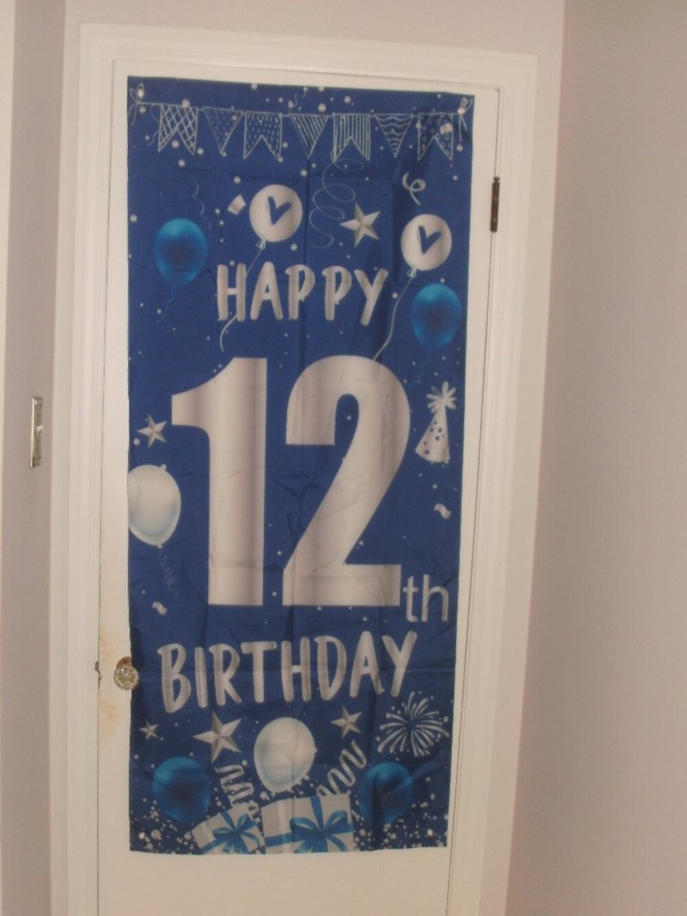 Party Decoration 5 foot Cloth Banner Happy 12th Birthday Design Blue & Gray